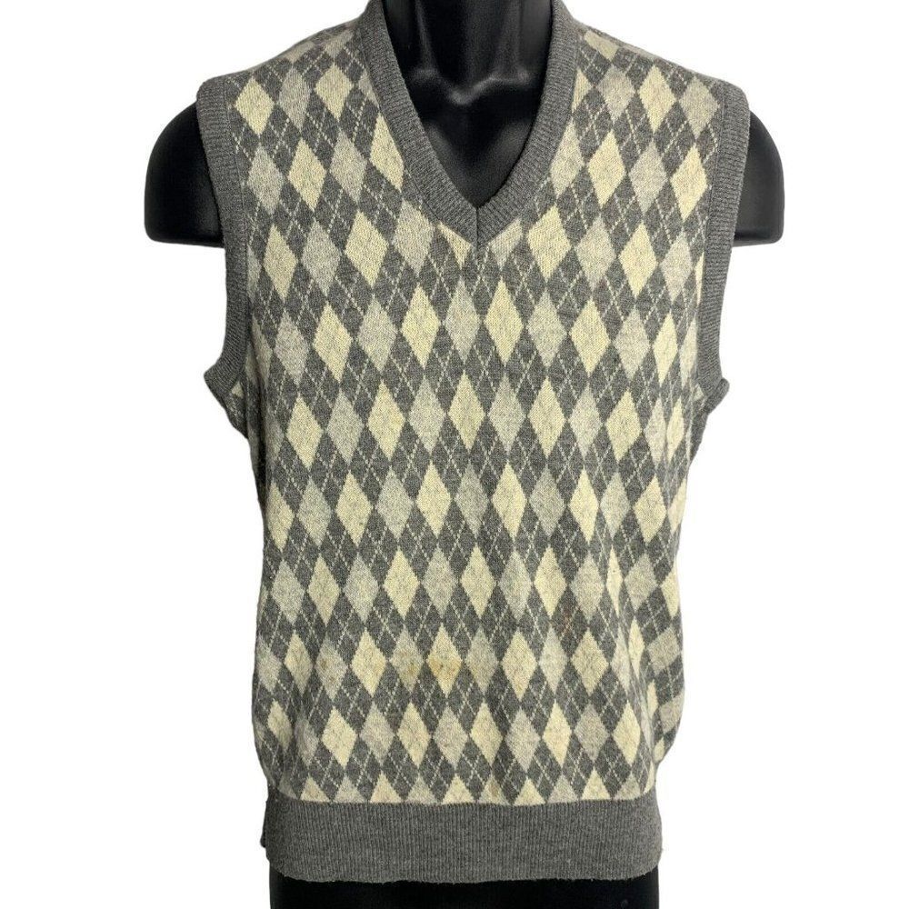 Vintage 70s Arnie Arnold Palmer Sweater Vest M Grey Argyle Diamond Knit V Neck